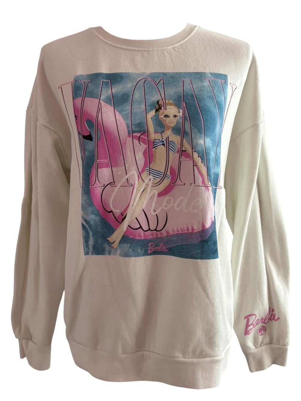 Mattel Barbie White Graphic 'Vacay Mode' Sweatshirt with Pink & Blue Print